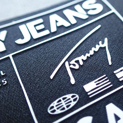 Raised White Logo Taffeta OEKO Custom Neck Labels Silk Printing Silicon
